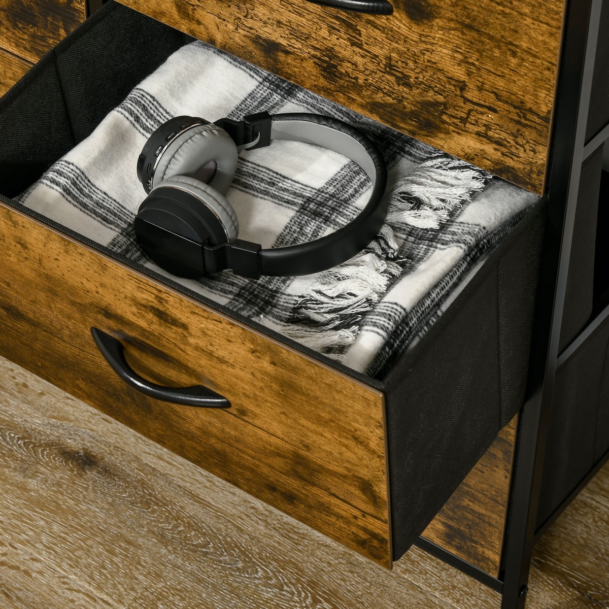 HOMCOM Bedroom Chest of Drawers with 5 Fabric Drawers, Open Shelf, Rustic Brown