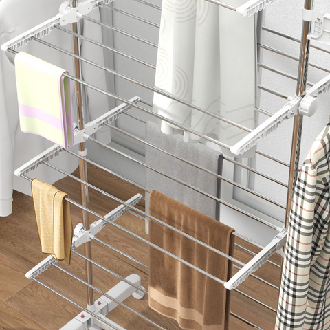 4 Layers Folding Cloth Hanger Stand Rail W/Wheels-White/Silver