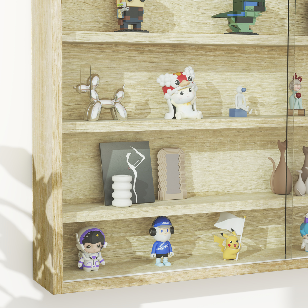 HOMCOM 5-Tier Wall Display Shelf Unit Cabinet w/ Shelves Glass Doors Oak