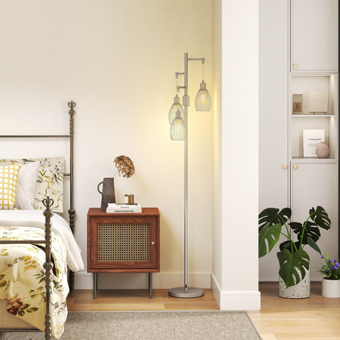 HOMCOM Industrial 3-Light Floor Lamp Dimmable Standing Lamp, Silver Tone