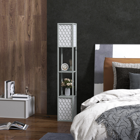 HOMCOM 2-Light Modern Floor Lamp with Shelves for Living Room, Bedroom, Grey