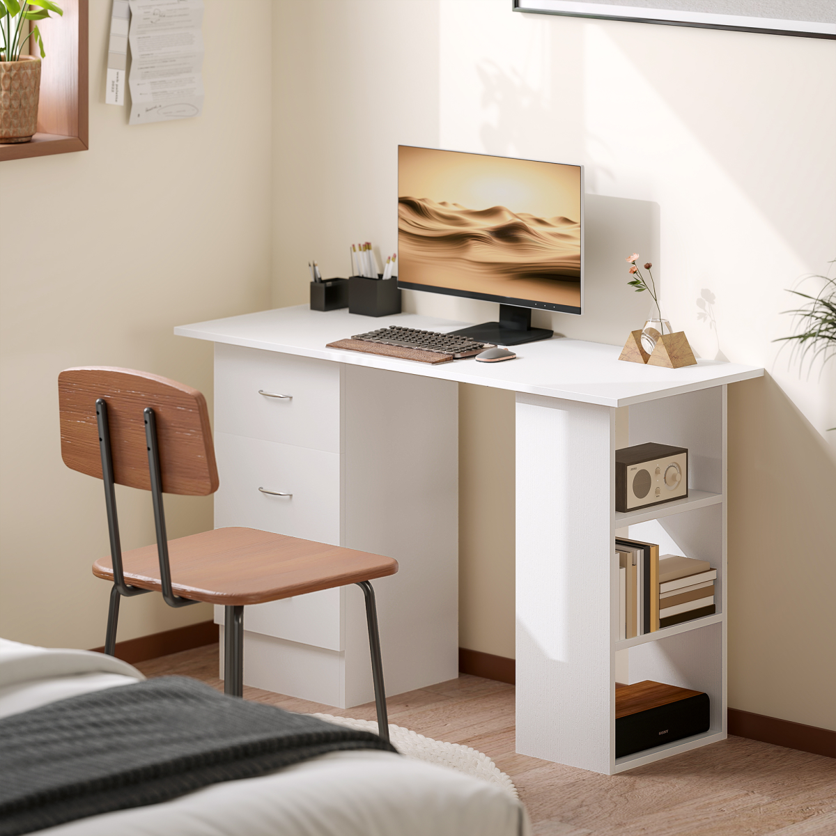 HOMCOM 120cm Computer Desk PC Table Workstation w/ 3 Shelf & Drawers White