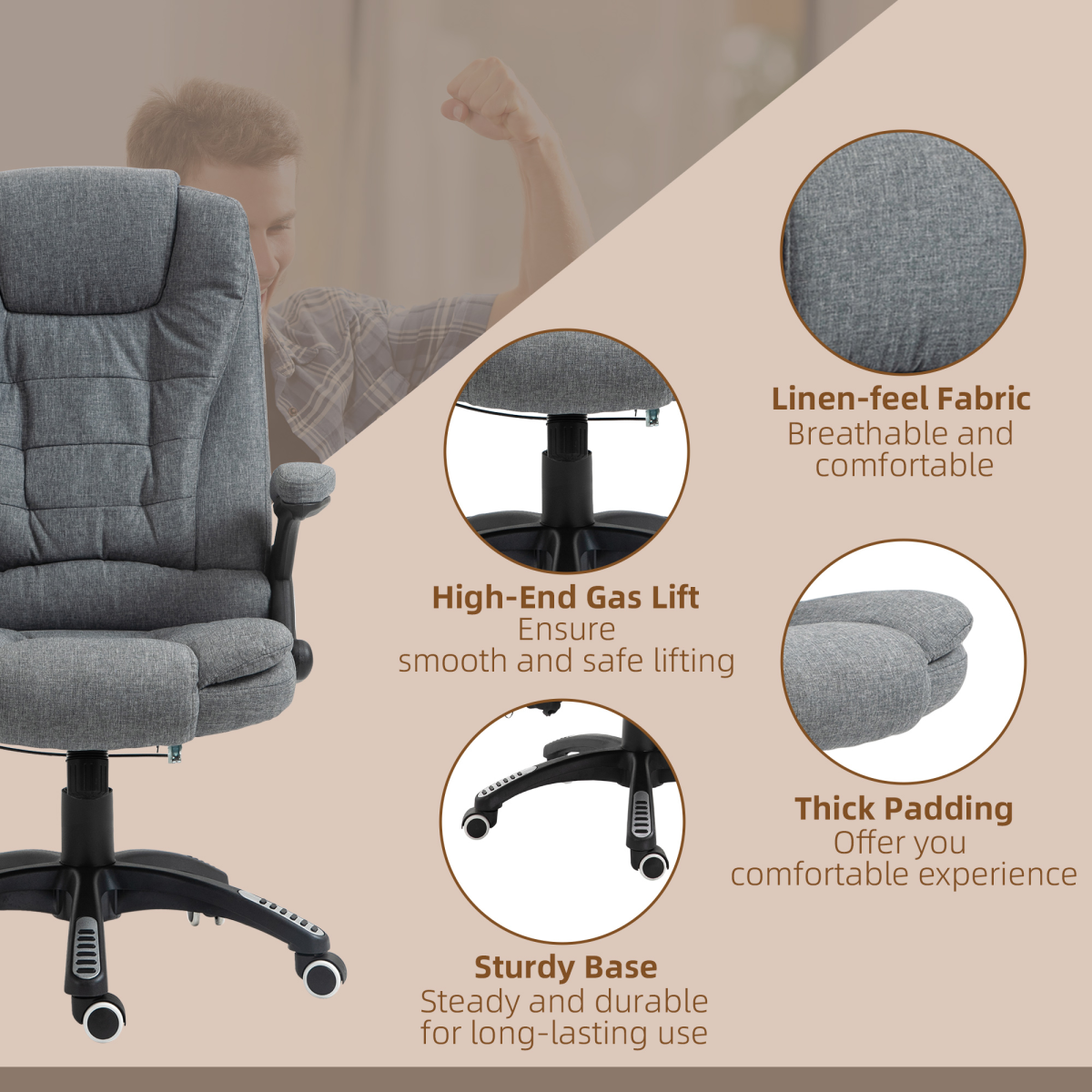 Executive Reclining Chair w/ Heating Massage Points Relaxing Headrest Grey