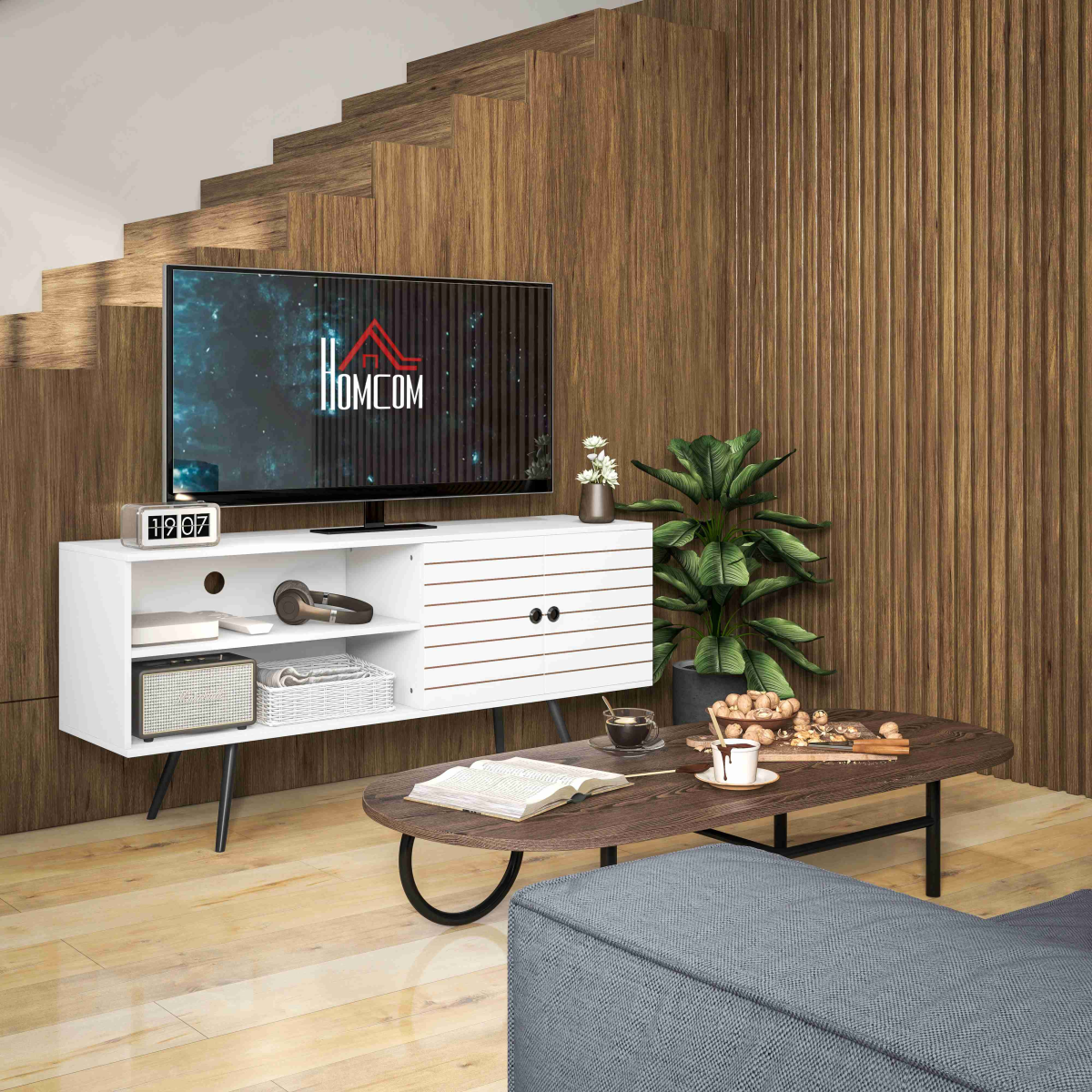 HOMCOM TV Unit for 65" TVs with 2 Open Shelves, Door and 2 Cable Holes, White
