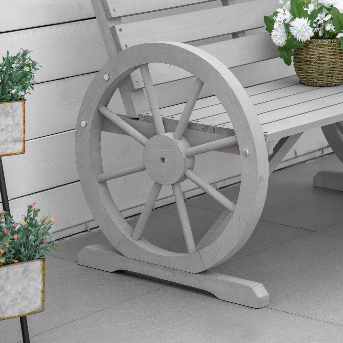 2 Seater Bench Armrest Chair & Wooden Cart Wagon Wheel Rustic High Back Grey