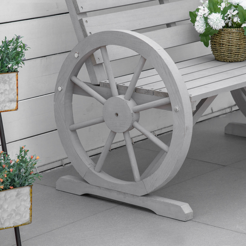 2 Seater Bench Armrest Chair & Wooden Cart Wagon Wheel Rustic High Back Grey
