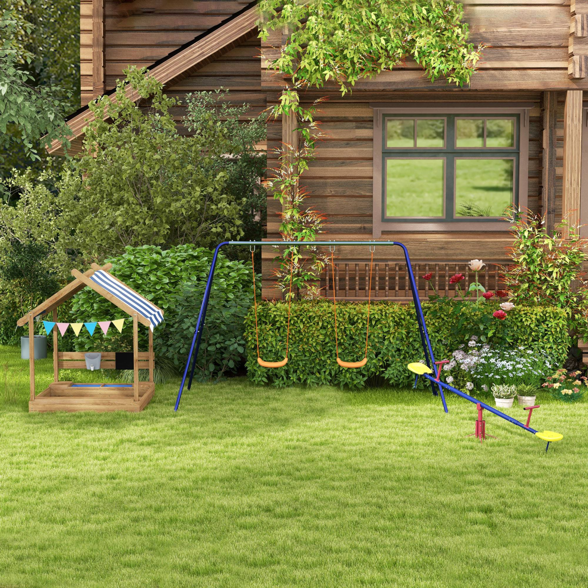 Outsunny Sand Pit with Canopy, Blackboard, Toys, Sink, Seats, Flags for Kids