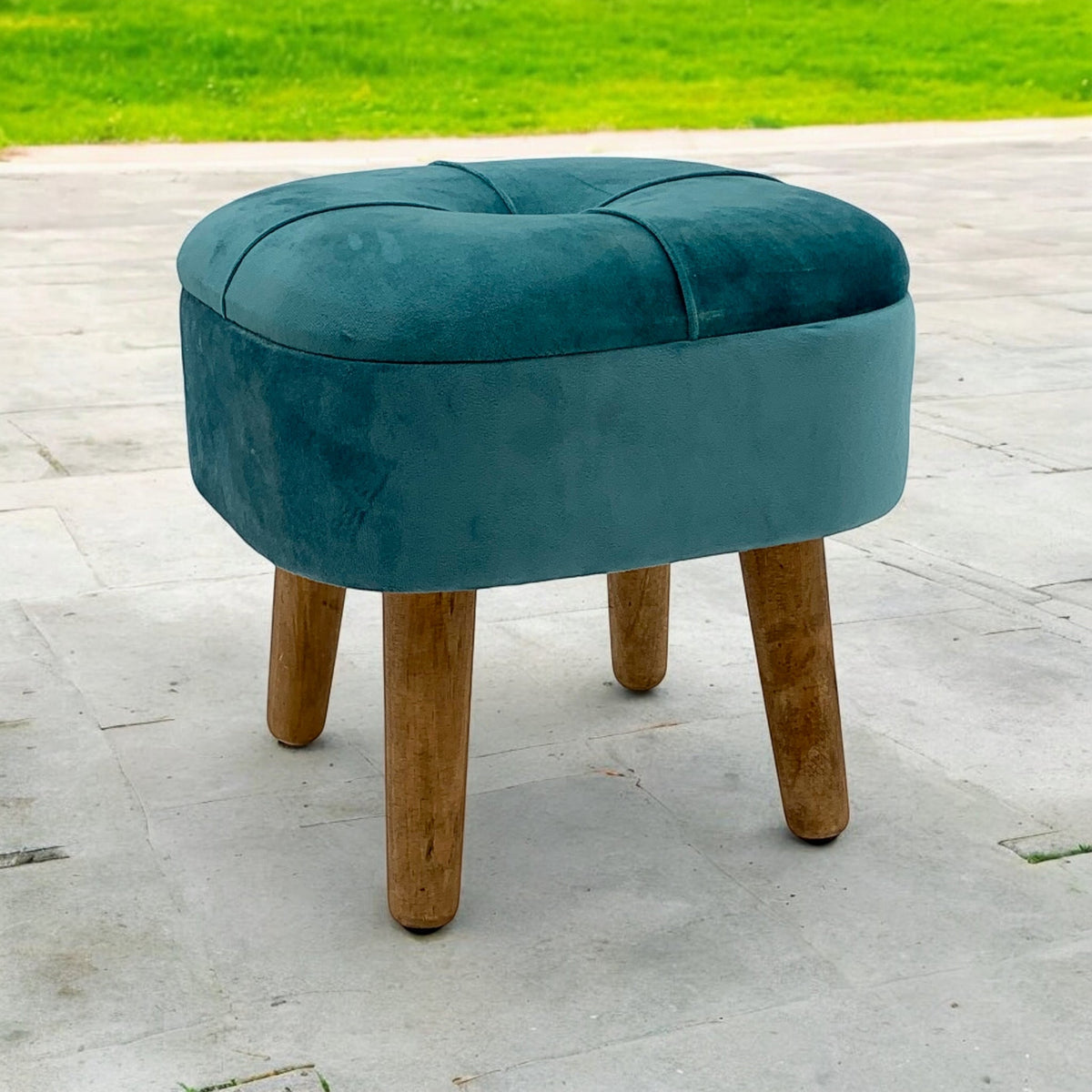 AcaciaHome Stylish & Durable Living Velvet Ottoman Footstool with Lift-Up Storage, Round Design, Traditional Pattern, Comfortable Medium Firmness for Living Room, Office or Lounge (Blue, Round)