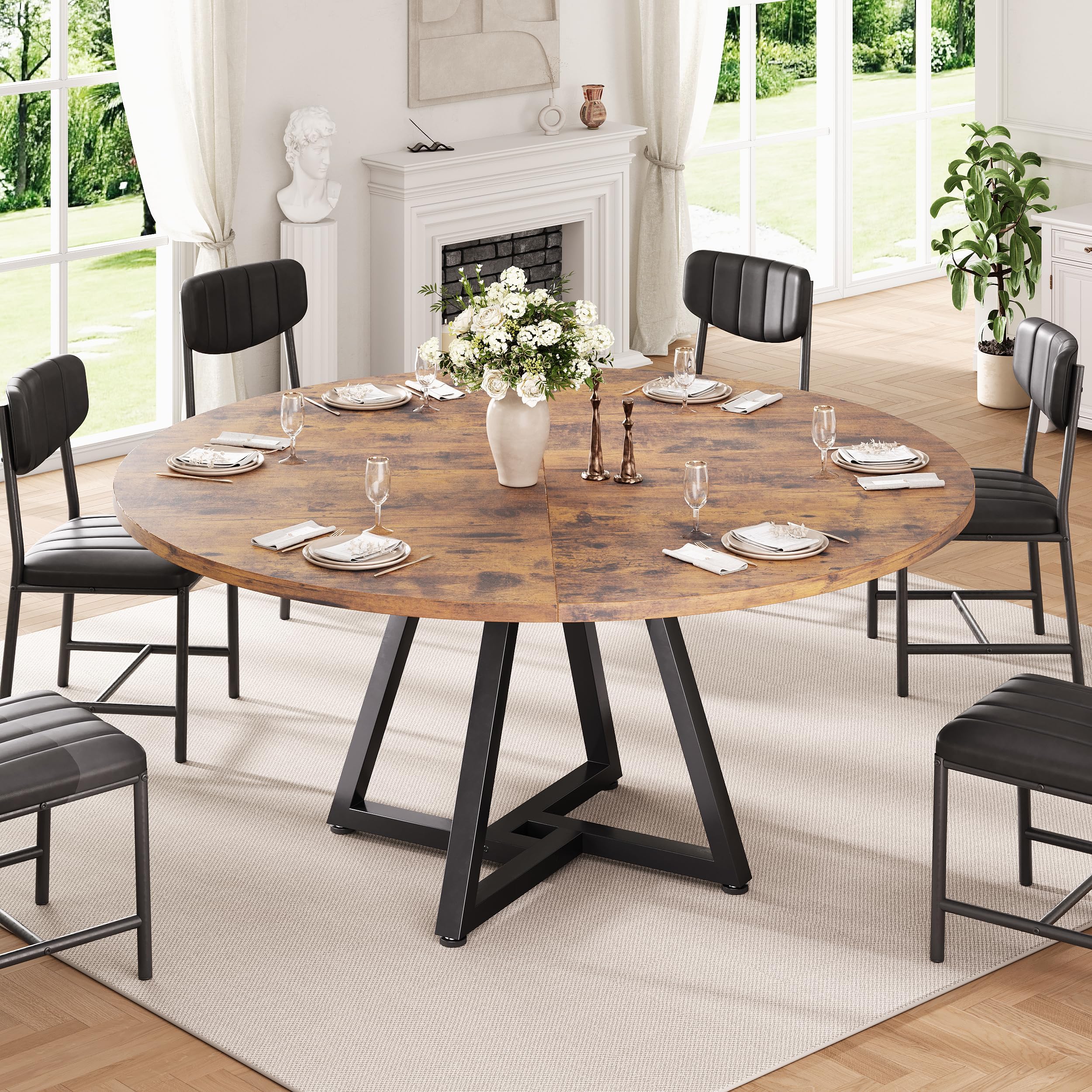 Jocoevol Round Kitchen Dining Table for 4-6 People, Circle Dinner Table with Metal Frame, Space Saving Wood Industrial Furniture (Vintage, 51 inch