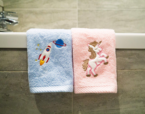 Lex's Linens Pack of 2 Kids Face Cloth (1 of Each) (Unicorn & Rocket)