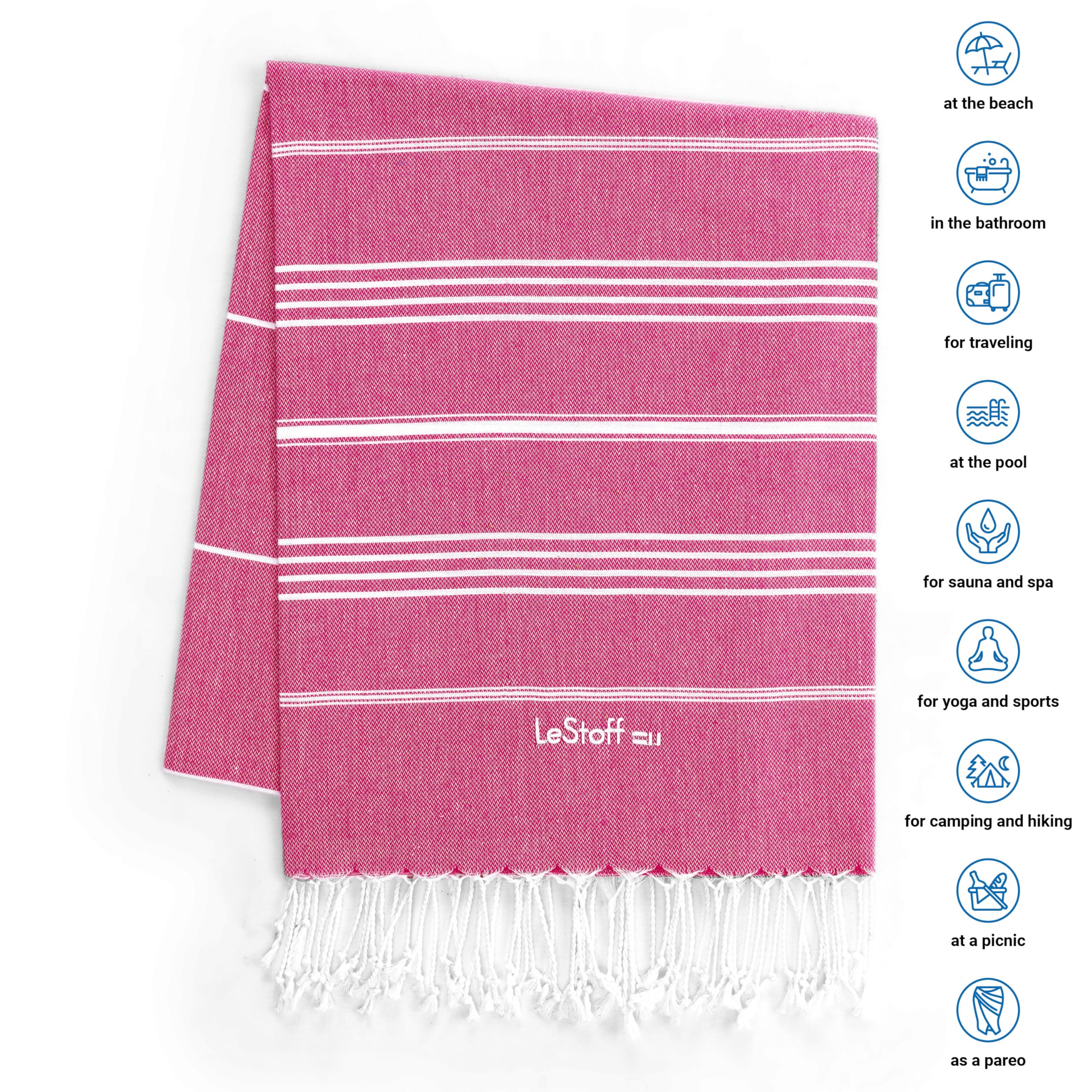 LeStoff 2 Hammam Towels/Beach Towels, Organic Cotton, 95x180, Fuchsia/Beige