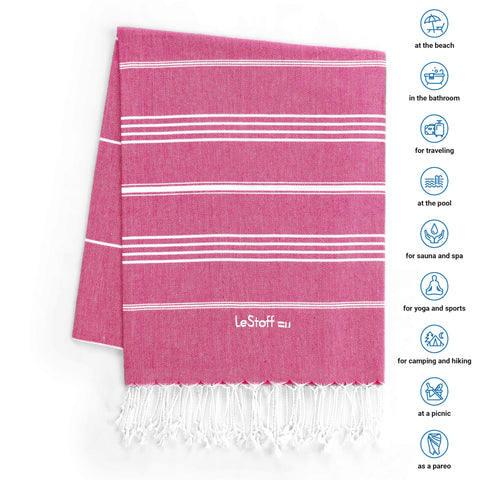 LeStoff 2 Hammam Towels/Beach Towels, Organic Cotton, 95x180, Fuchsia/Beige