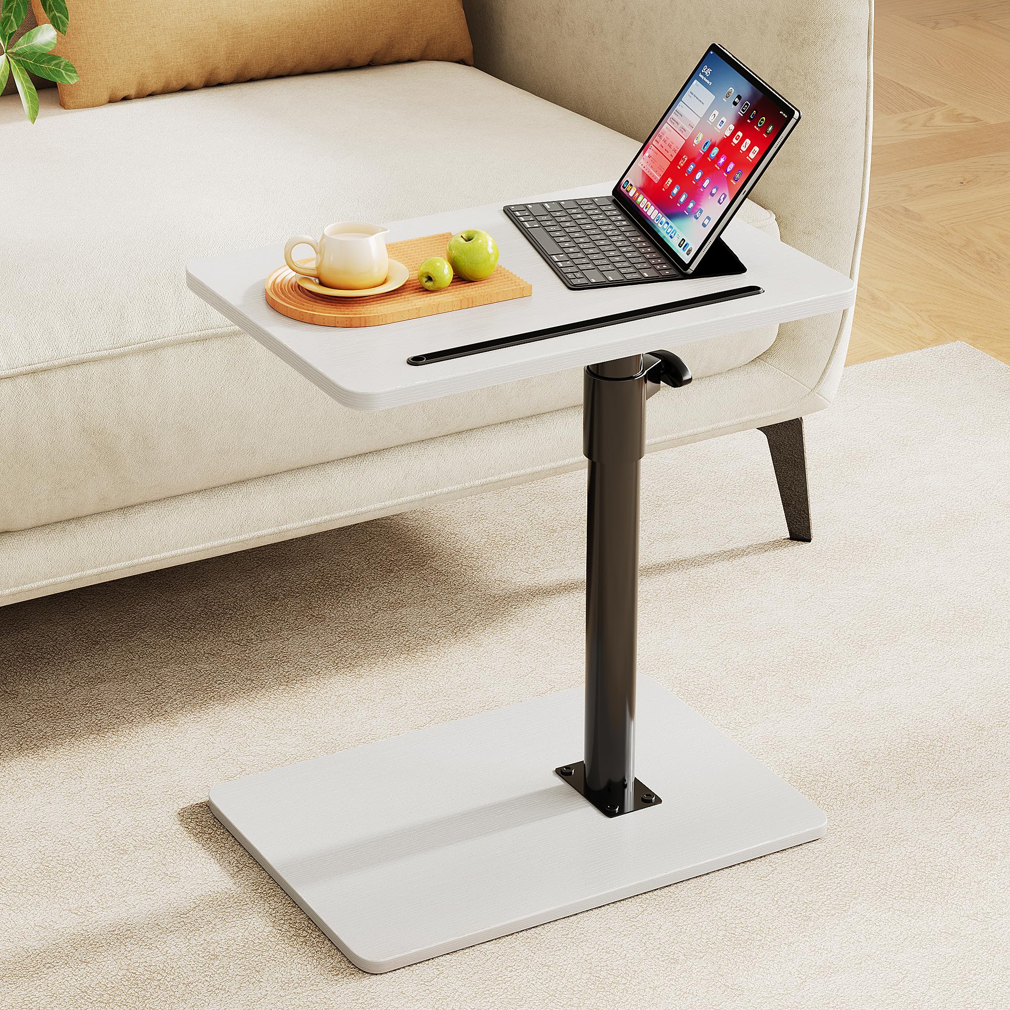 CAIYUN C Shaped Side Table, Height Adjustable Swivel 360° Rotating, White End Table Set of 2 for Small Spaces