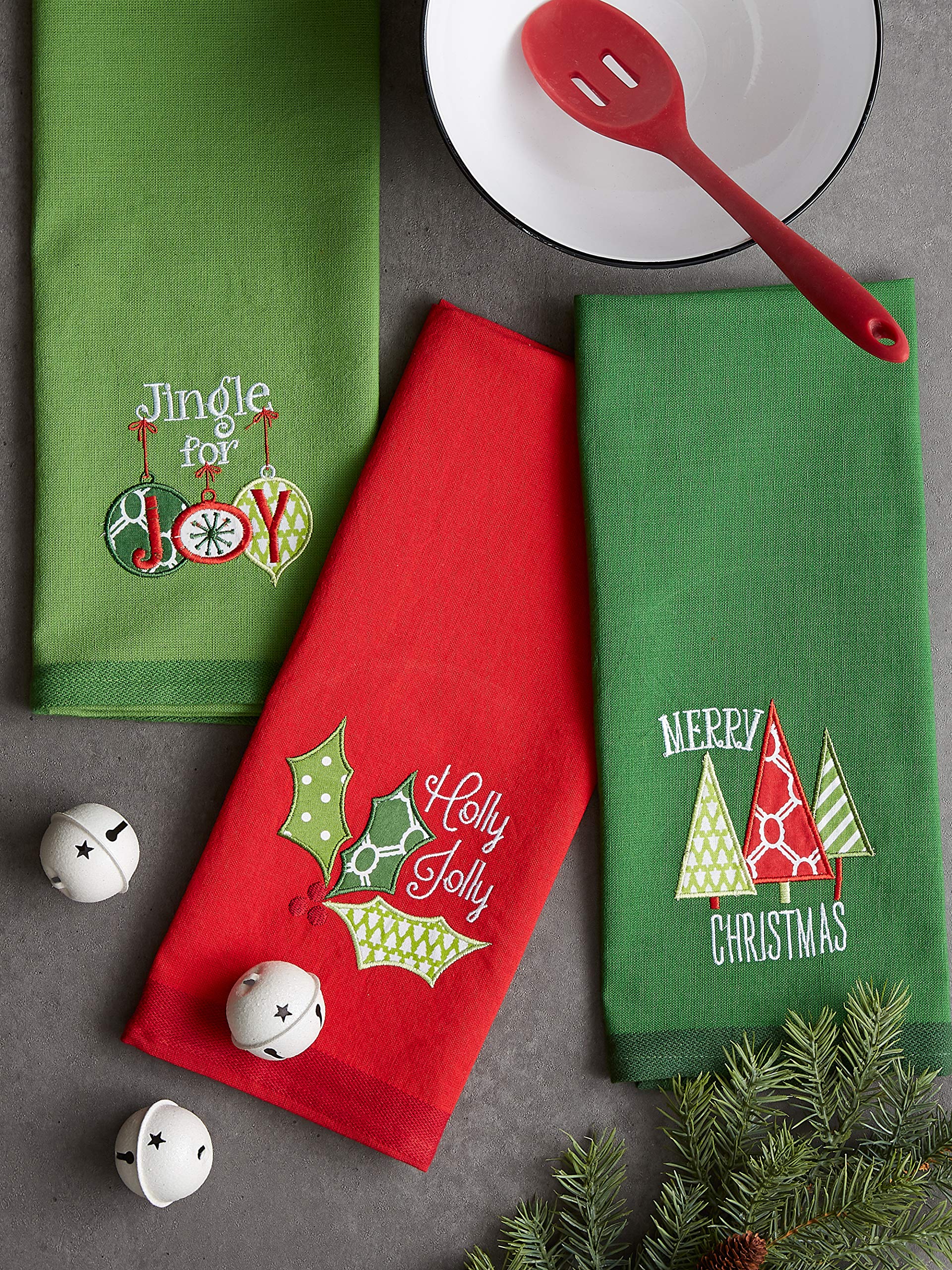 DII Christmas Kitchen Towels Decorative Embellished Cotton Dish Towel Set, 18x28, Jingle for Joy, 3 Count