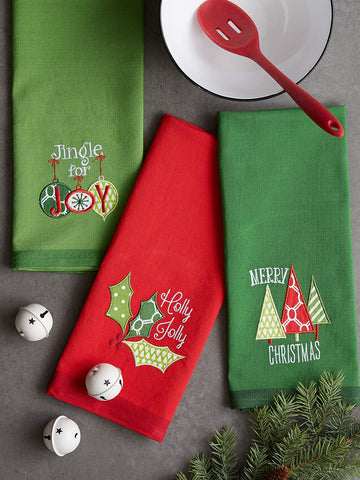 DII Christmas Kitchen Towels Decorative Embellished Cotton Dish Towel Set, 18x28, Jingle for Joy, 3 Count