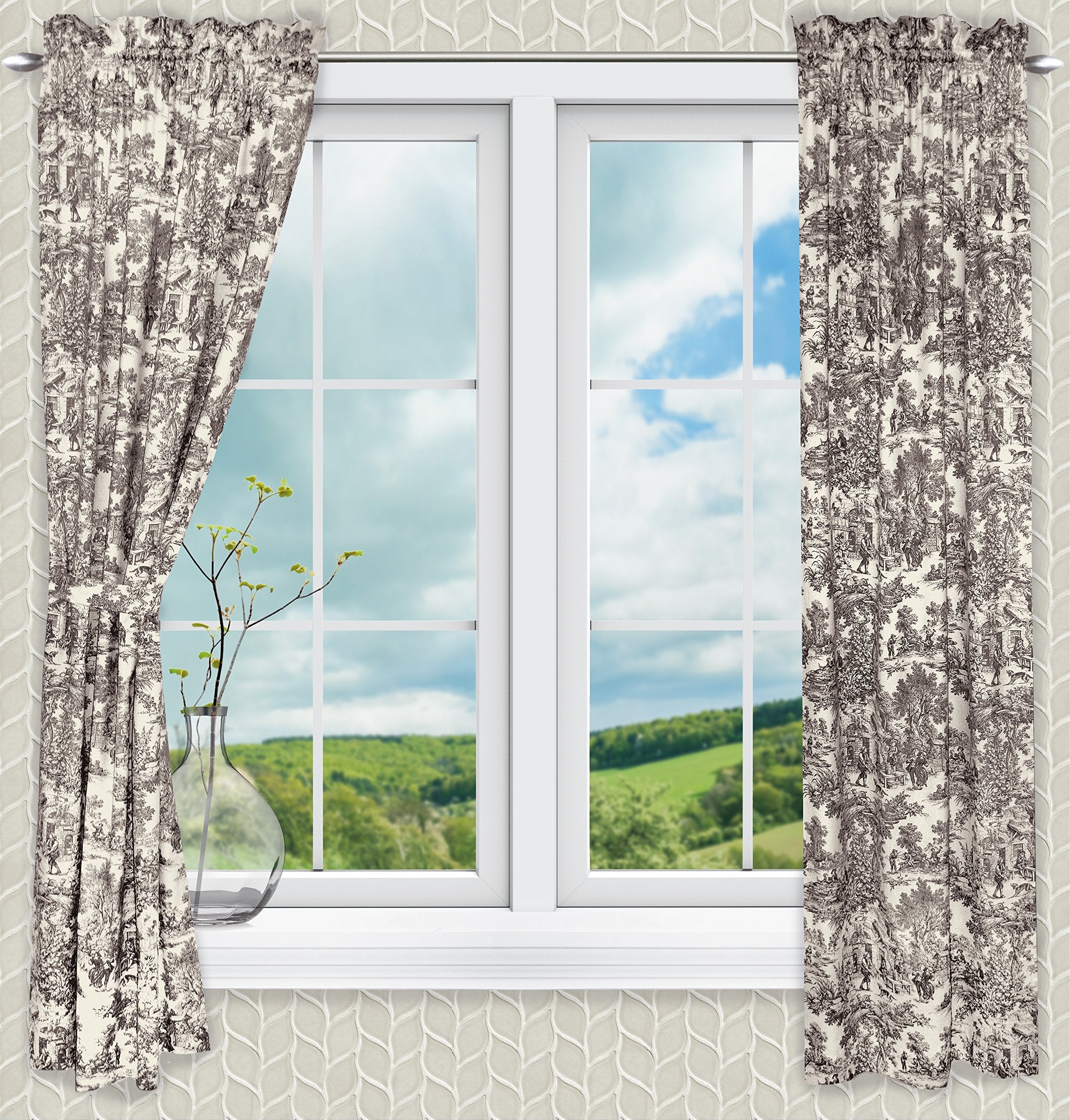 Ellis Curtain Victoria Park Toile 68-Inch-by-54 Inch Tailored Panel Pair with Tiebacks, Black