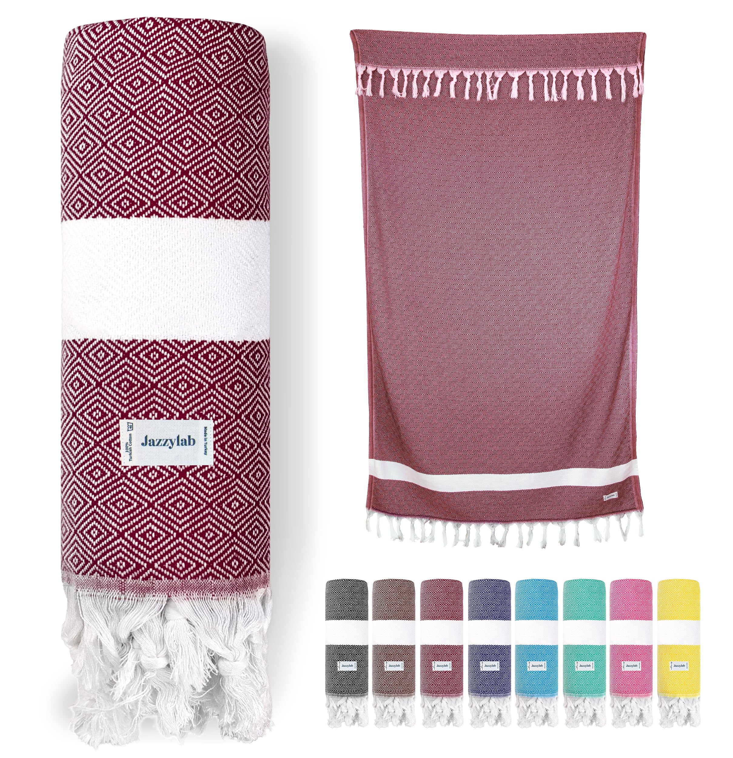 jazzylab ELMAS Peshtemal Hammam Towel | 100% Cotton with Classic Diamond Pattern | Lightweight, Quick-Dry & Compact | Turkish Spa & Travel Towel