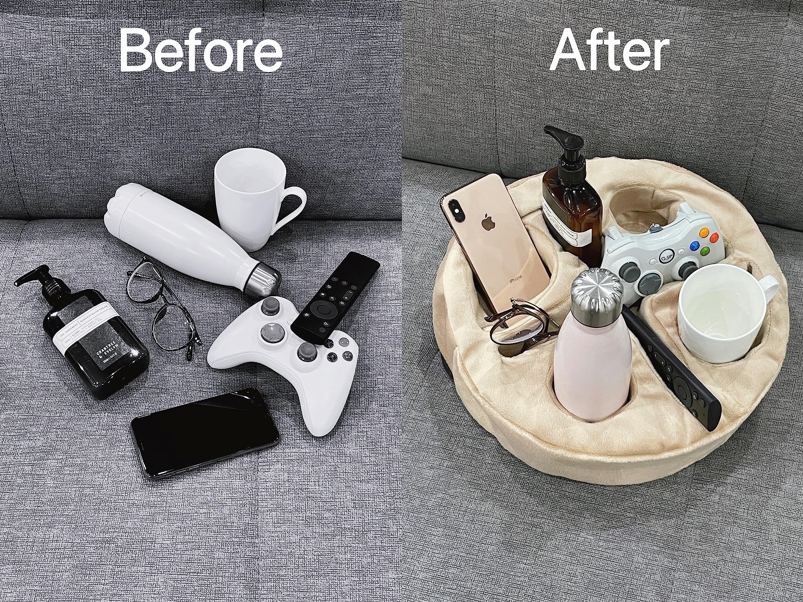 Cup Holder Pillow for Sofa & Bed, Organiser Caddy for Drinks & Remotes