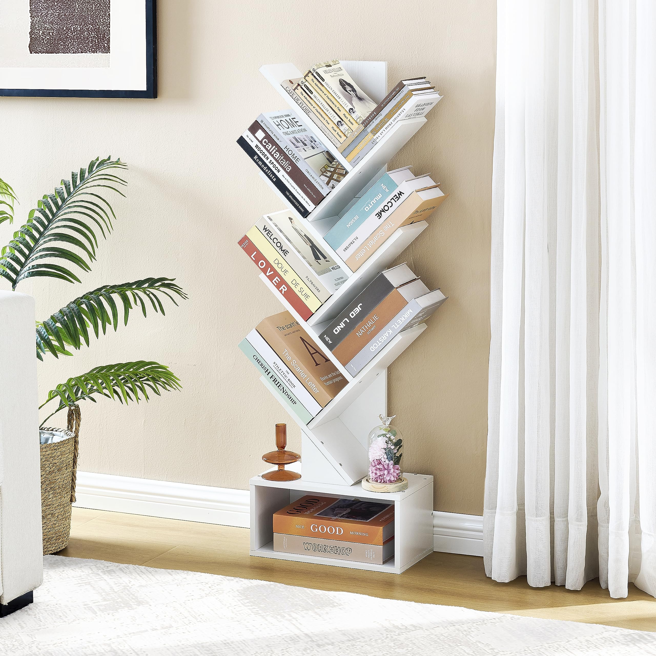 Hoctieon 6 Tier Tree Bookshelf, Tall Bookcase with Drawer, Freestanding Book Shelf, Display Floor Standing Storage Shelf
