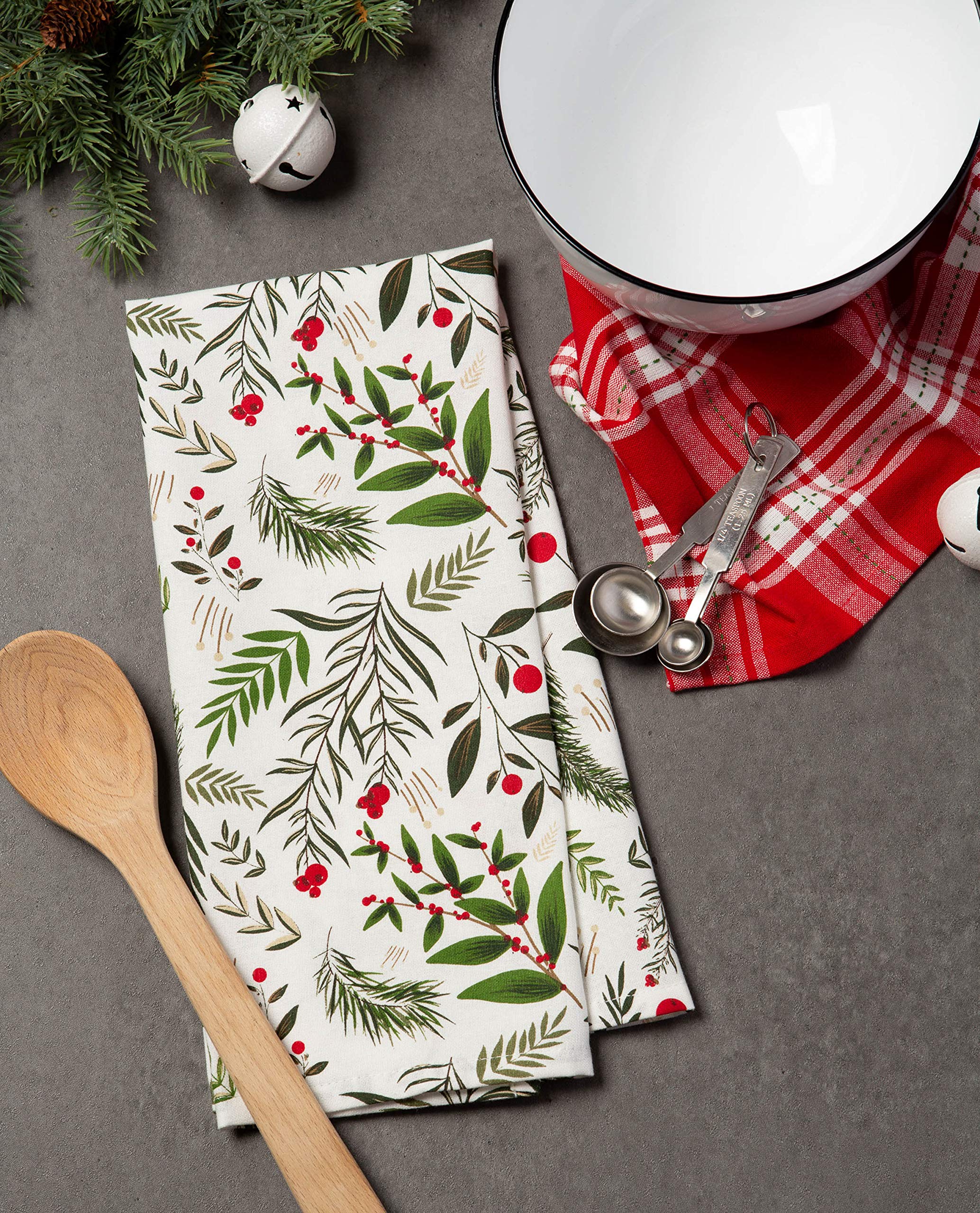 DII Floral Tea Towels for Baking, Cleaning, Entertaining & Cooking, Cotton, Boughs of Holly, 18x28