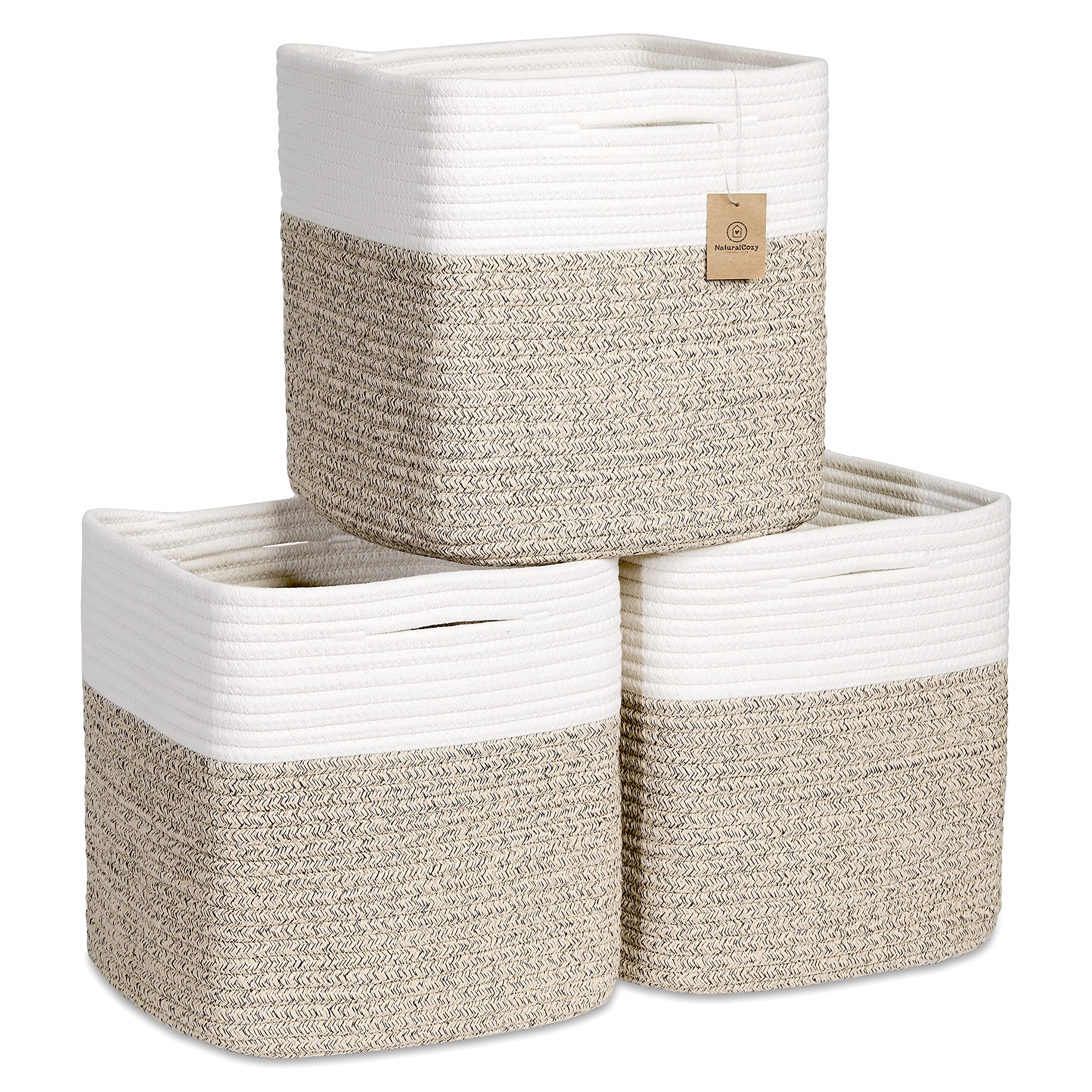 NaturalCozy Storage Cubes 11 Inch Cotton Rope Woven Baskets for Organizing 3-Pack | Cube Storage Bin, Square Storage Baskets for Shelves Organizer