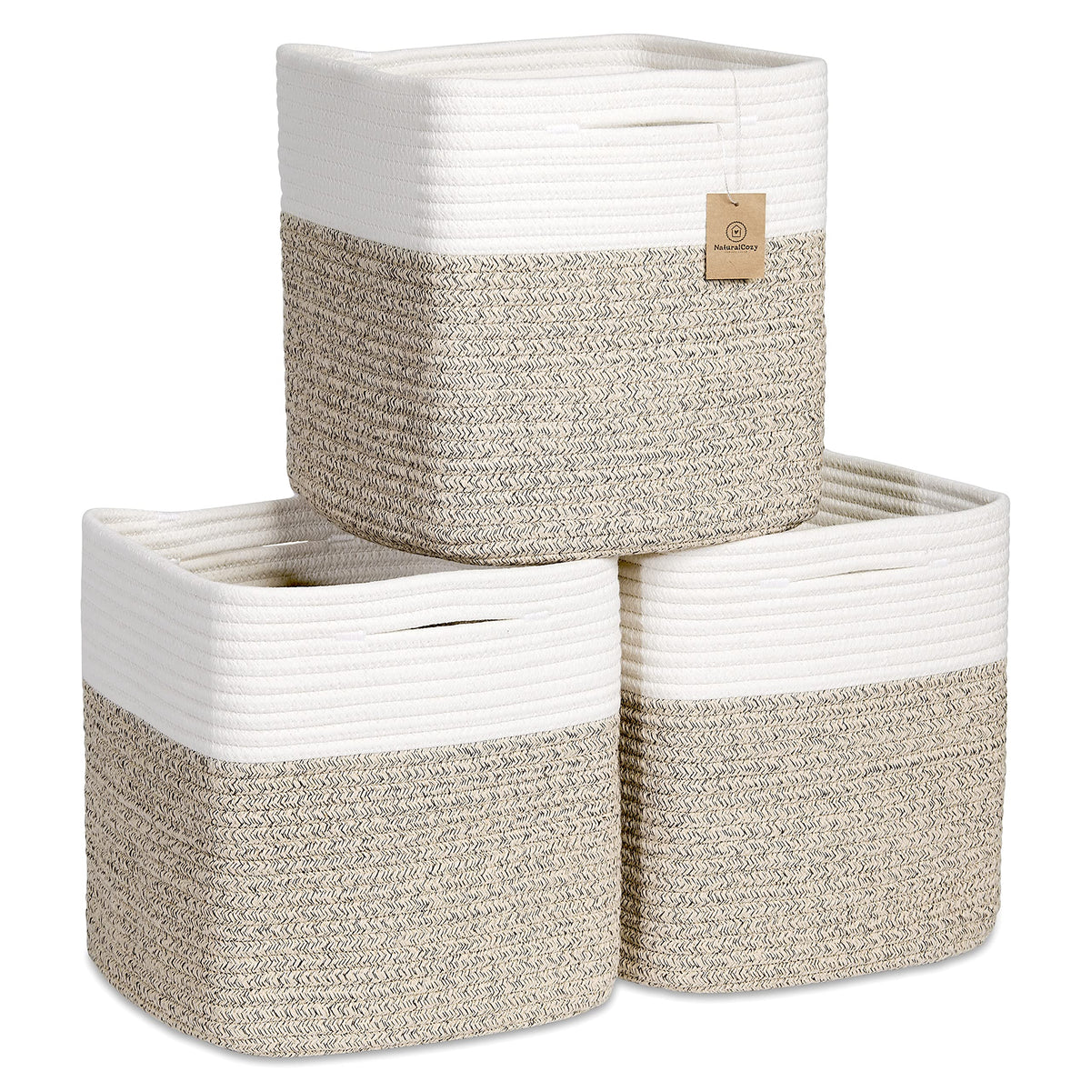 NaturalCozy Storage Cubes 11 Inch Cotton Rope Woven Baskets for Organizing 3-Pack | Cube Storage Bin, Square Storage Baskets for Shelves Organizer