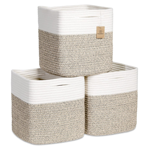 NaturalCozy Storage Cubes 11 Inch Cotton Rope Woven Baskets for Organizing 3-Pack | Cube Storage Bin, Square Storage Baskets for Shelves Organizer