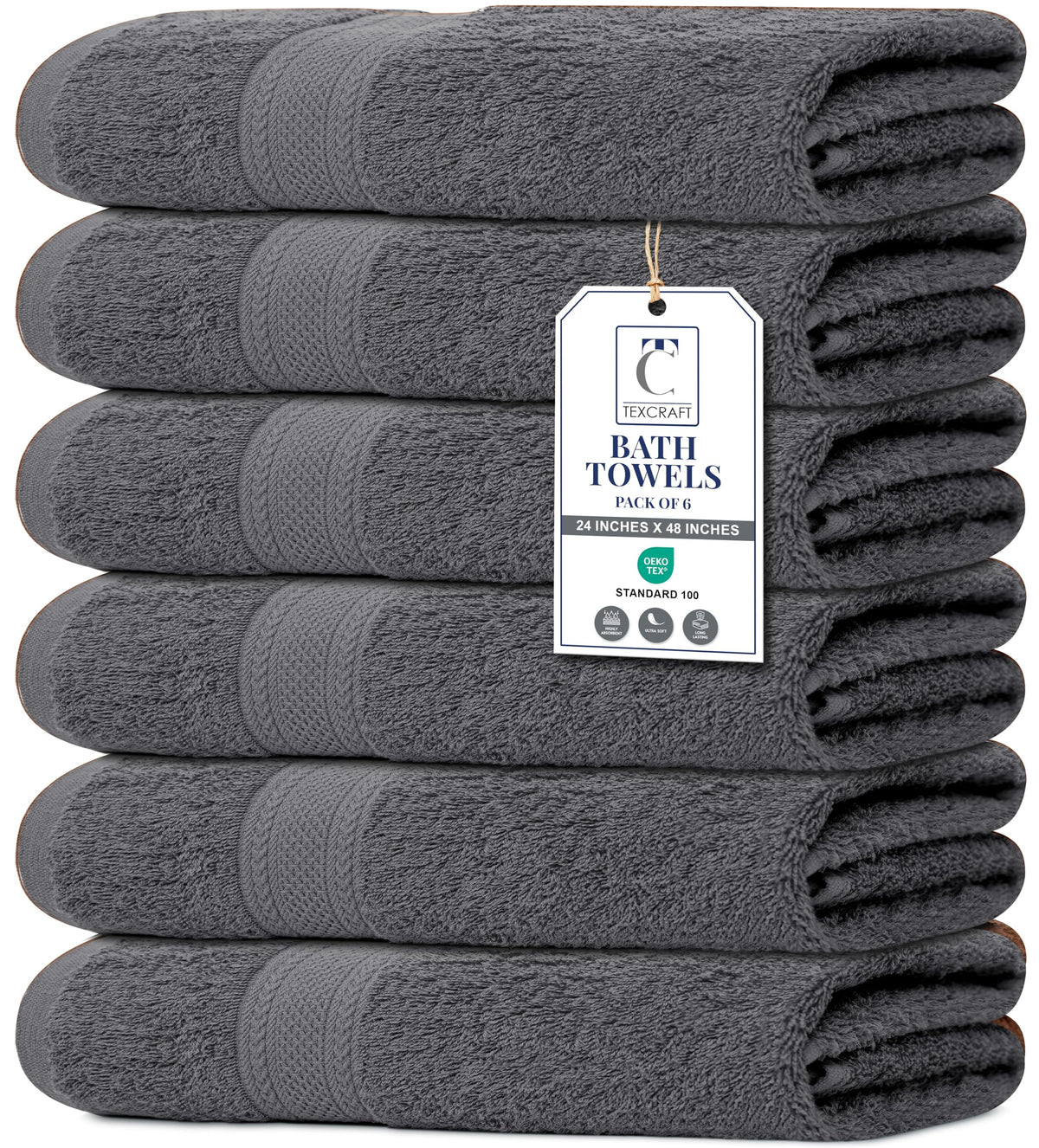 TEXCRAFT Bath Towel Set, Cotton Terry Towels for Bathroom, Quick Dry, Lightweight, Highly Absorbent, Soft Feel, 24 x 48 Pack of 6 for Shower, Pool
