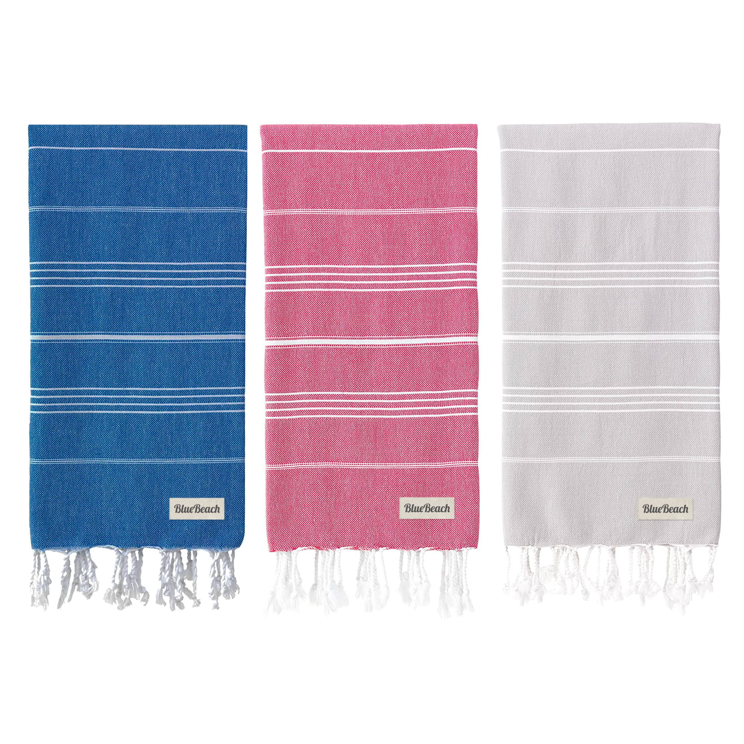 Blue Beach 3 Set Turkish Beach Towels-100x180cm Large Turkish Hammam Peshtemal Towel - Super Absorbent, Lightweight, Compact for Swimming, Bath, Gym