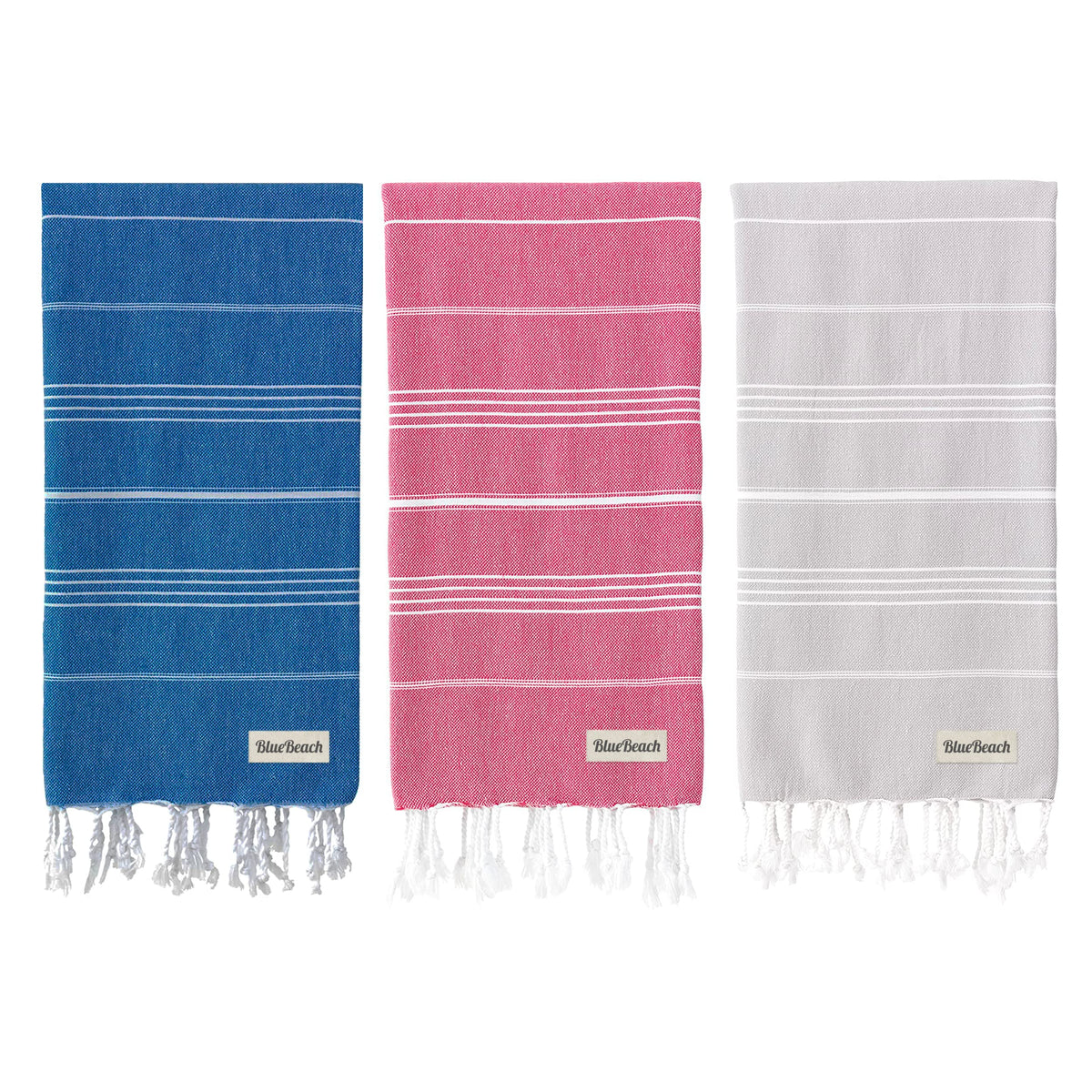 Blue Beach 3 Set Turkish Beach Towels-100x180cm Large Turkish Hammam Peshtemal Towel - Super Absorbent, Lightweight, Compact for Swimming, Bath, Gym