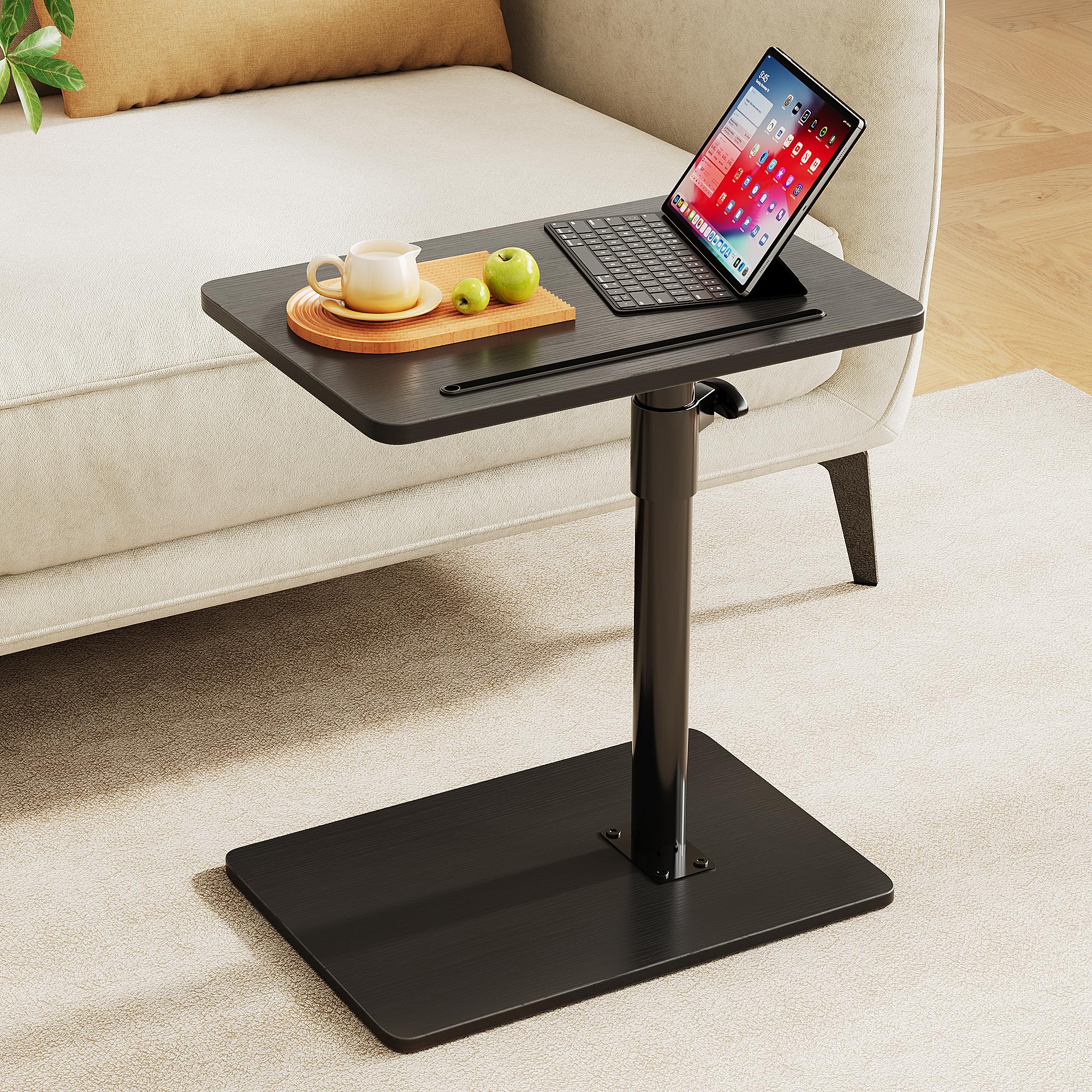 CAIYUN C Shaped Side Table, Height Adjustable Swivel 360° Rotating, Black End Table for Small Spaces