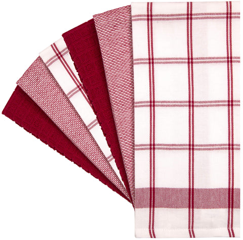6 Pack Large Tea Towel Set | Absorbent Kitchen Hand Towels | Soft Cotton Dish Towels | Flat & Terry Towel with Hanging Loop | Vibrant Dyed - Red