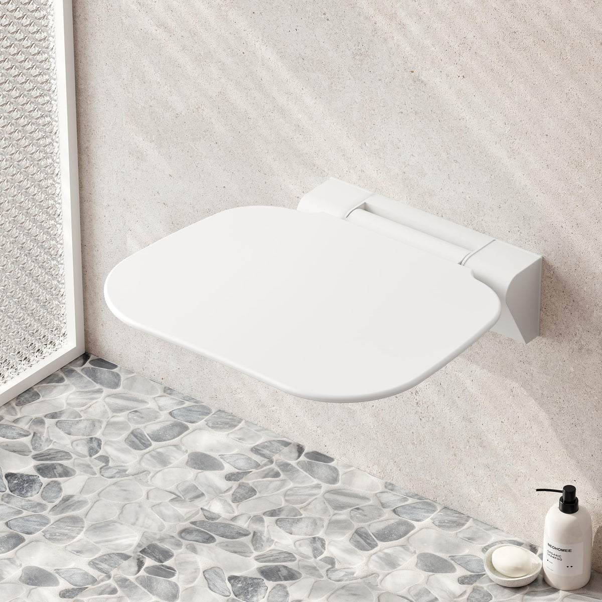 Neohomee Folding Shower Seat Wall Mounted Shower Chair 40x40 cm, Extra-Wide Black Shower Stool for Elderly, 200kg Capacity, Anti-Slip