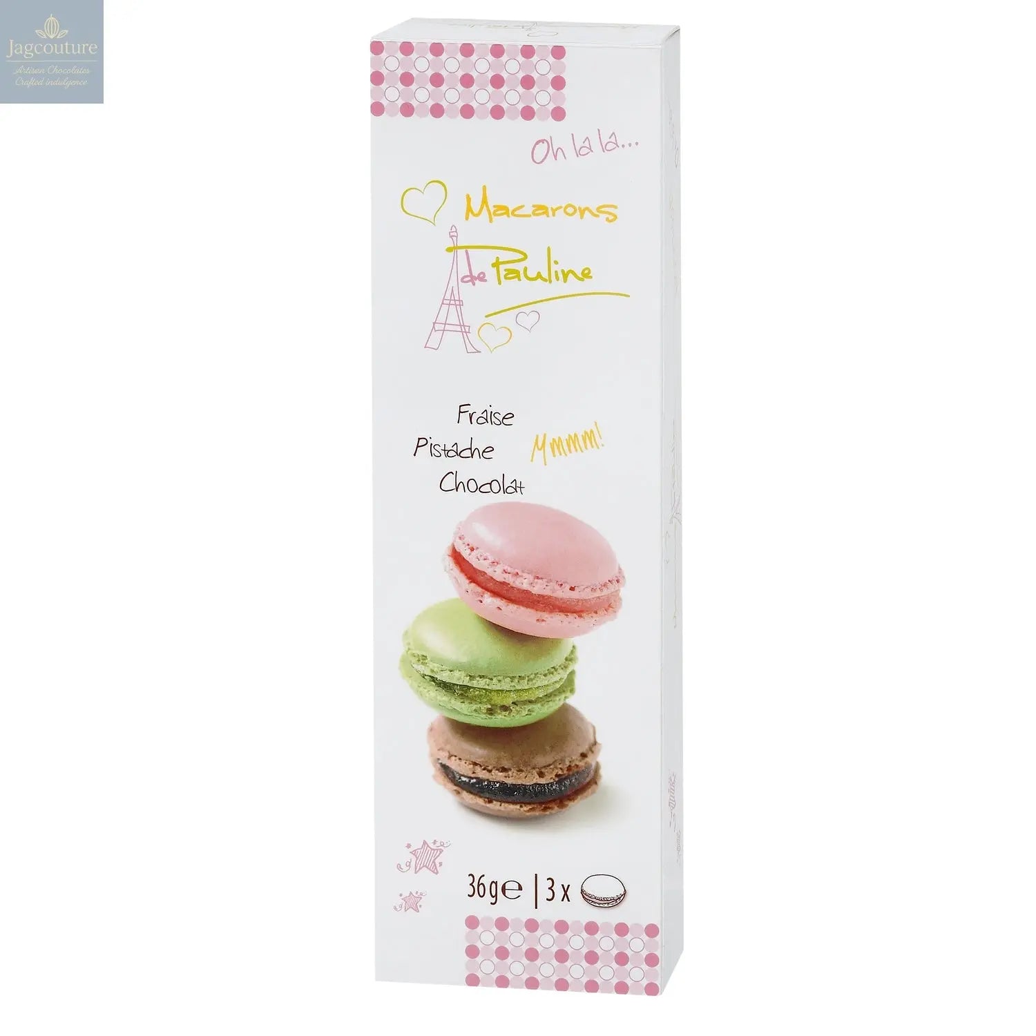 Assortment of 3 macarons in stick pack - pistachio, chocolate and strawberry - VAT FREE Jag Couture Chocolates