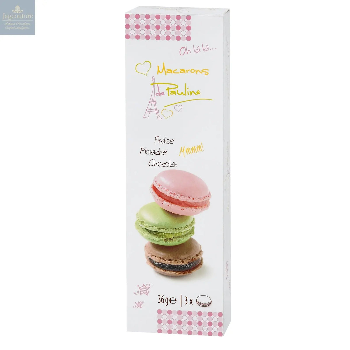 Assortment of 3 macarons in stick pack - pistachio, chocolate and strawberry - VAT FREE Jag Couture Chocolates