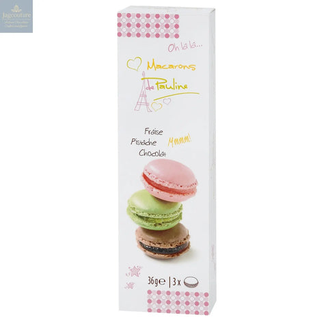 Assortment of 3 macarons in stick pack - pistachio, chocolate and strawberry - VAT FREE Jag Couture Chocolates