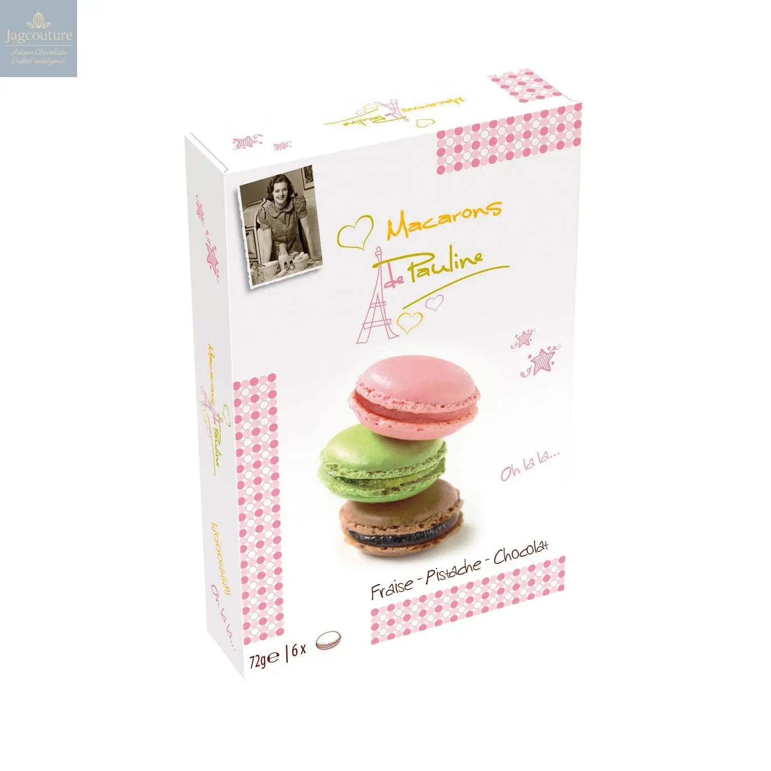 Assortment of 6 macarons in gift box - pistachio, chocolate and strawberry - VAT FREE Jag Couture Chocolates