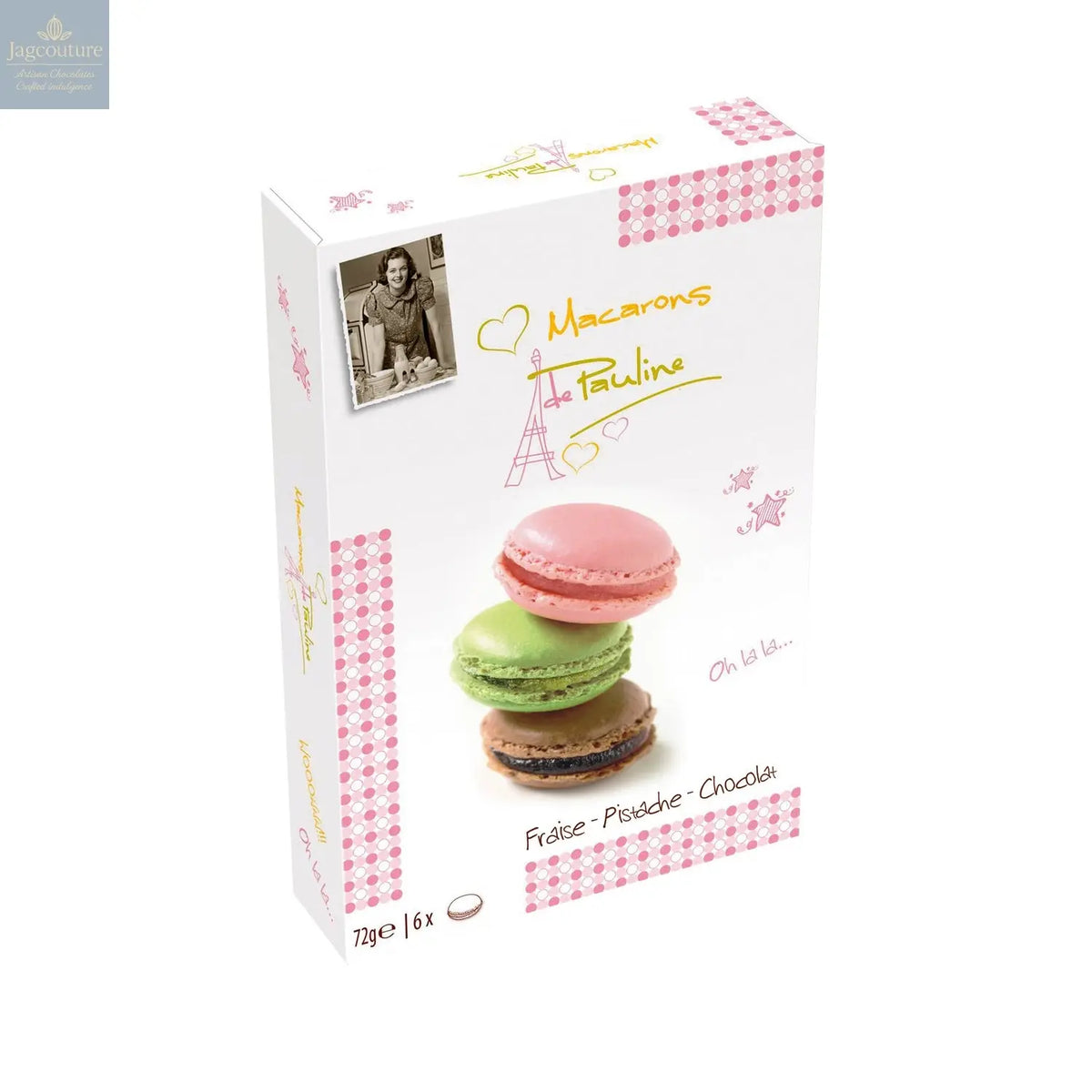 Assortment of 6 macarons in gift box - pistachio, chocolate and strawberry - VAT FREE Jag Couture Chocolates