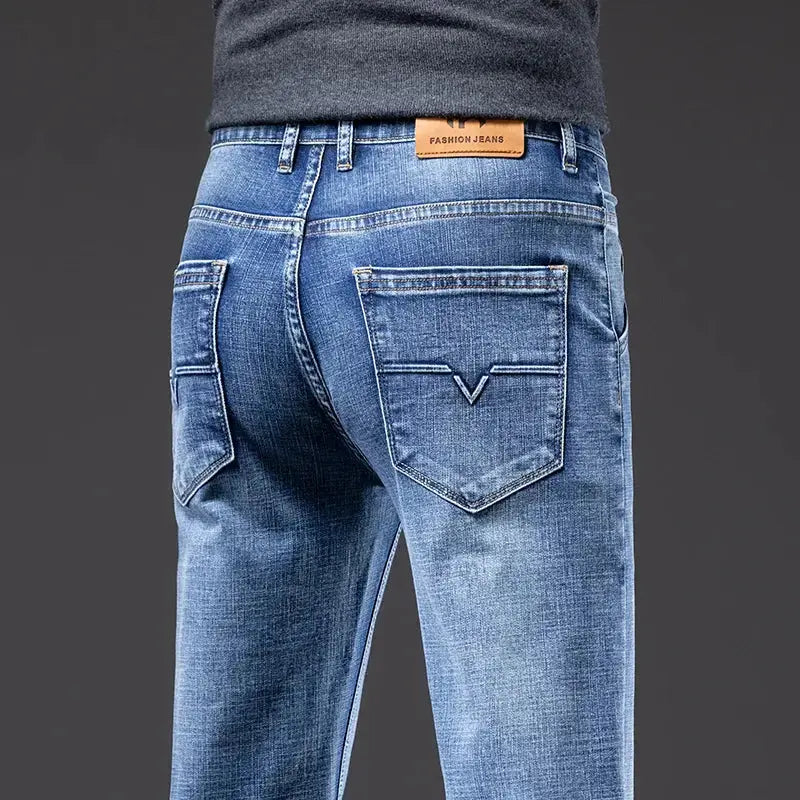 Men's Light Business Jeans – Classic Stretch Denim Trousers (Blue/Gray)