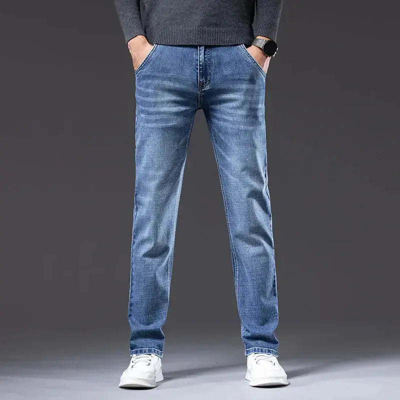 Men's Light Business Jeans – Classic Stretch Denim Trousers (Blue/Gray)
