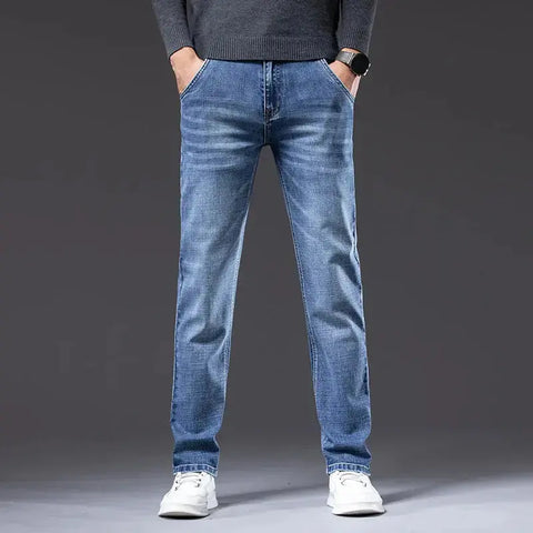 Men's Light Business Jeans – Classic Stretch Denim Trousers (Blue/Gray)