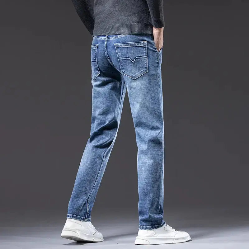 Men's Light Business Jeans – Classic Stretch Denim Trousers (Blue/Gray)