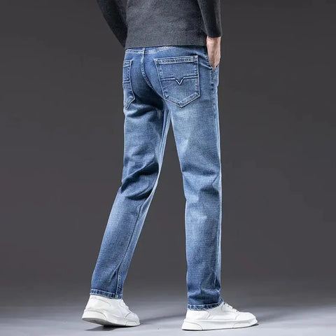 Men's Light Business Jeans – Classic Stretch Denim Trousers (Blue/Gray)