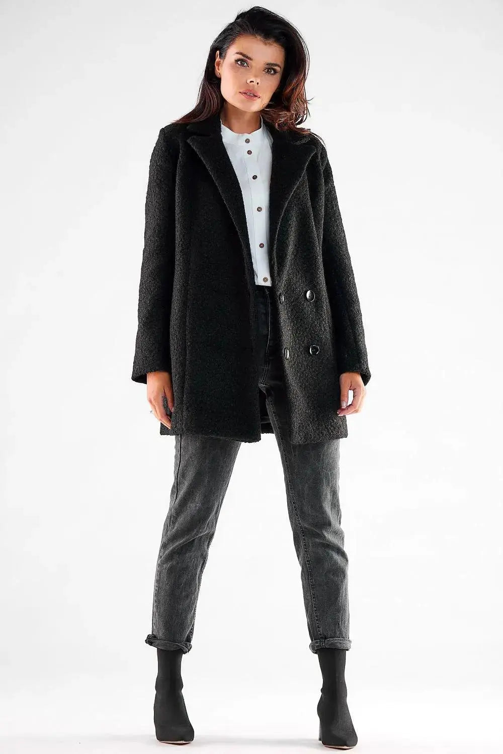 Awama large black buttons double-breasted coat