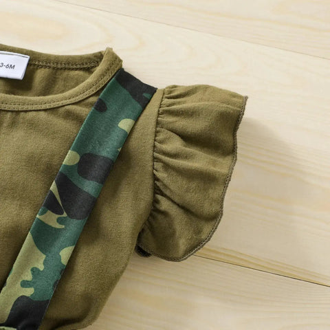 Baby Girls 3-Piece Camo Outfit Set with Sleeveless Romper, Suspender Shorts, and Bow Headband