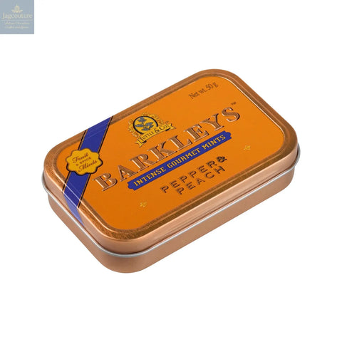 Barkleys gourmet pepper & peach mints in luxury tin Jag Couture Chocolates