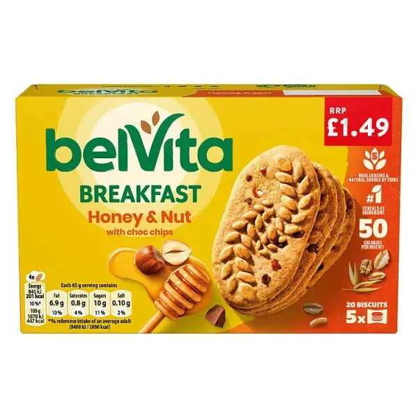 Belvita Breakfast Biscuits Honey & Nut with Choc Chips 5 Pack (Case of 10)