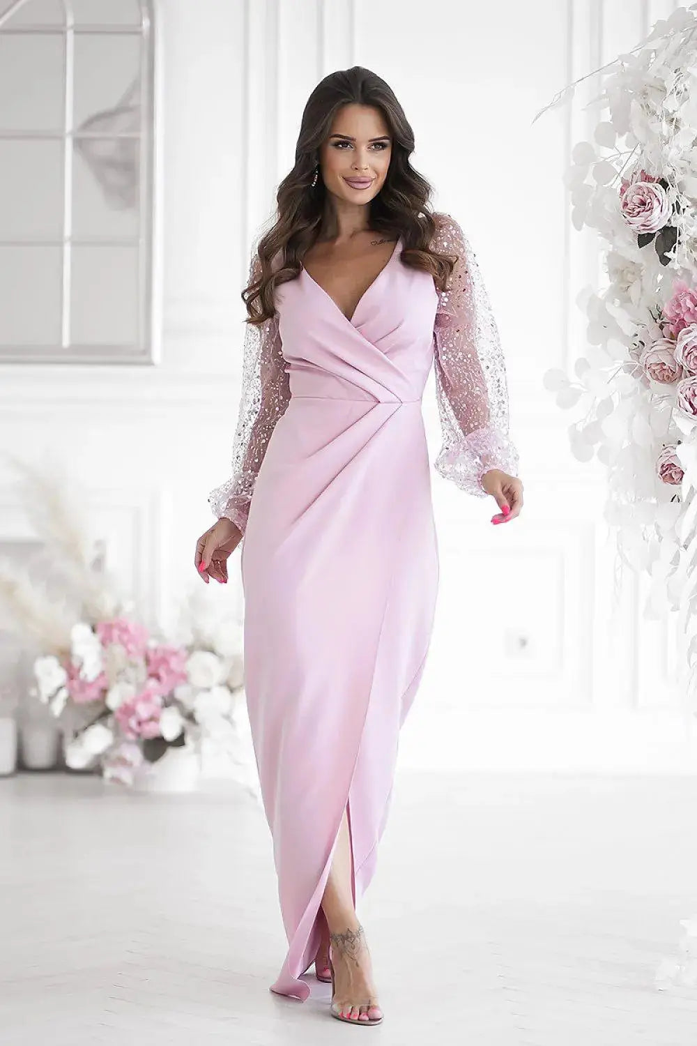 Bicotone sequin sleeves evening dress