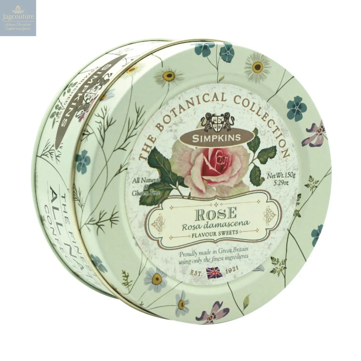 Botanical tin of rose flavour travel sweets Jag Couture Chocolates