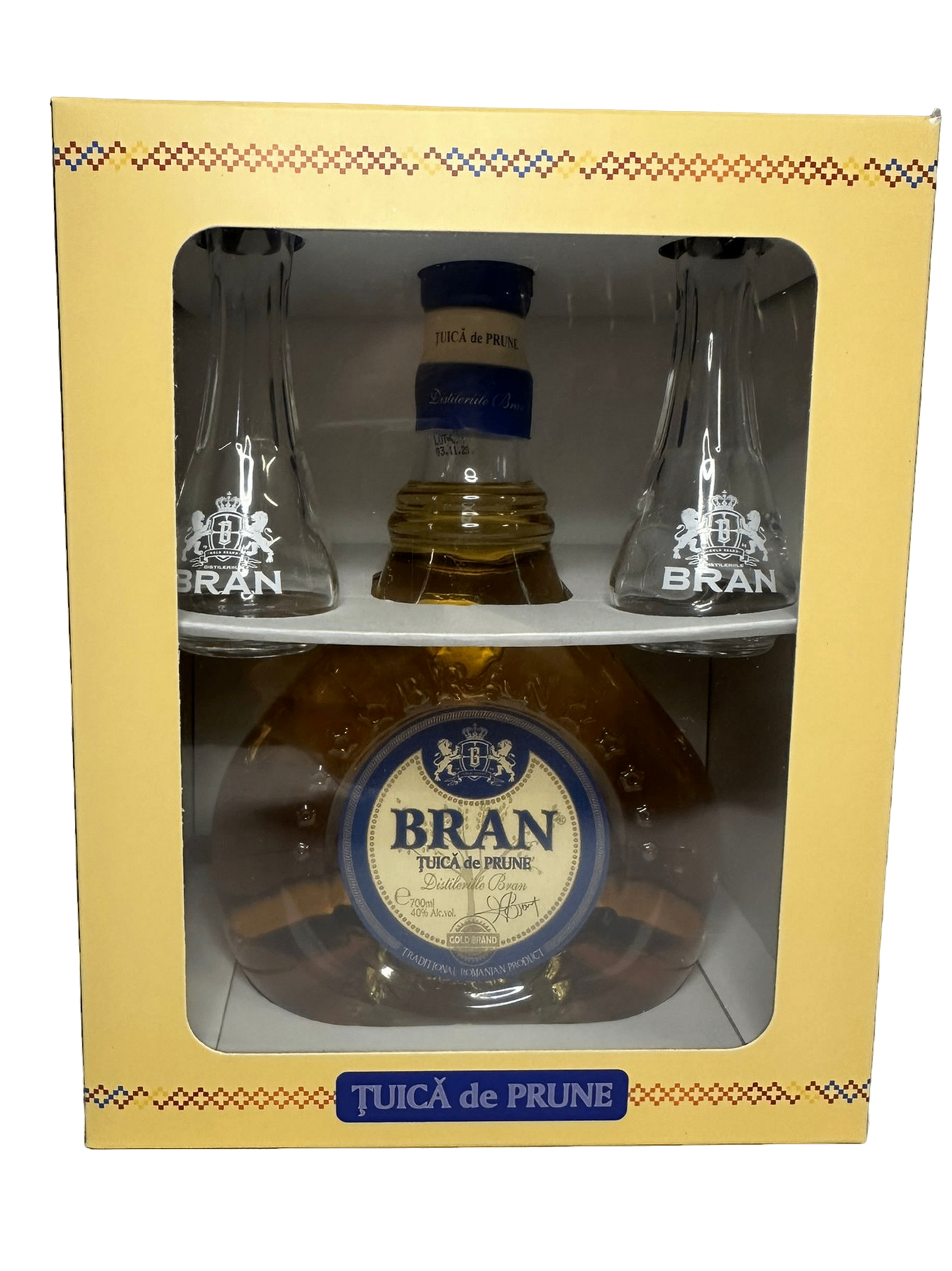 Bran Plum Schnapps (Tuica prune) with two glasses 700ml